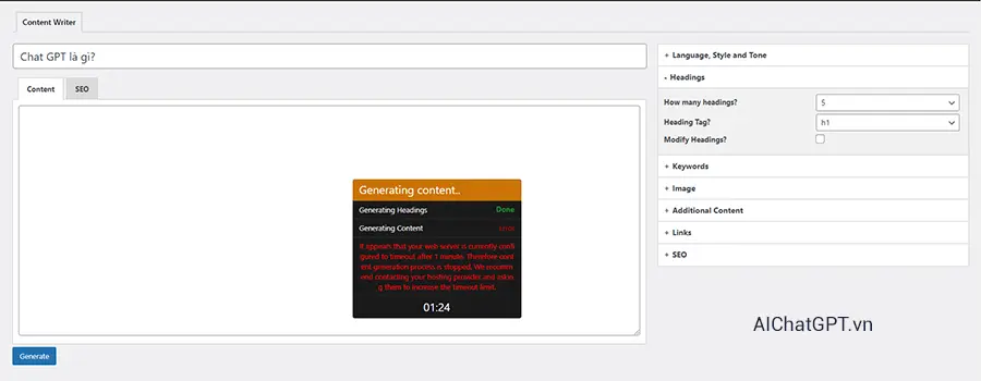 lỗi timeout plugin GPT-3 AI Power Content Generator