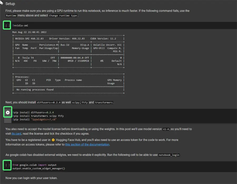 Thực thi các ô lệnh cài đặt Stable Diffusion trên Google Colab notebook