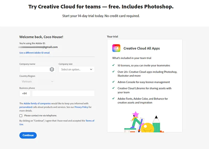 Đăng ký tài khoản Adobe Creative Cloud for Teams